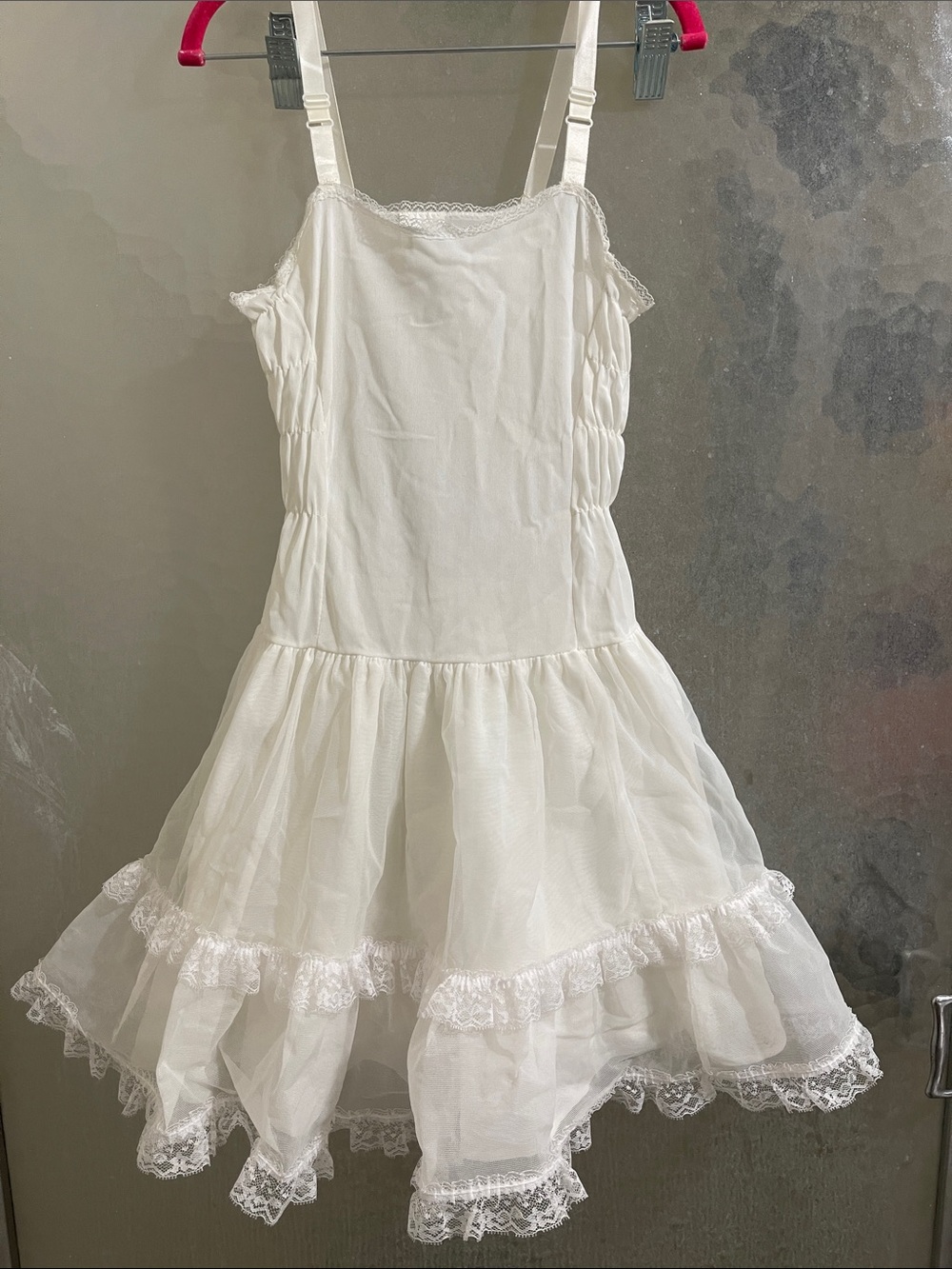 Vintage White Lace Trim Ruffled Dress Slip Pinafore Sz 6x/7